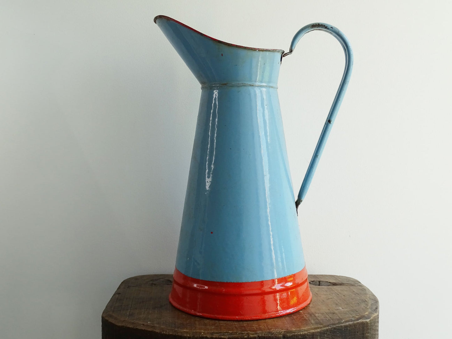 Vintage French Blue and Orange Enamel Pitcher or Jug