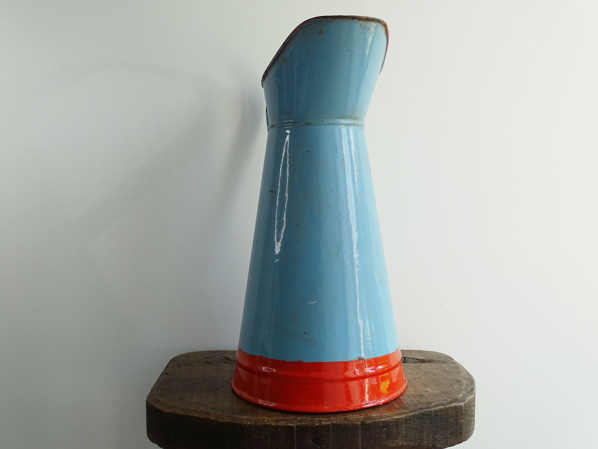 Vintage French Blue and Orange Enamel Pitcher or Jug