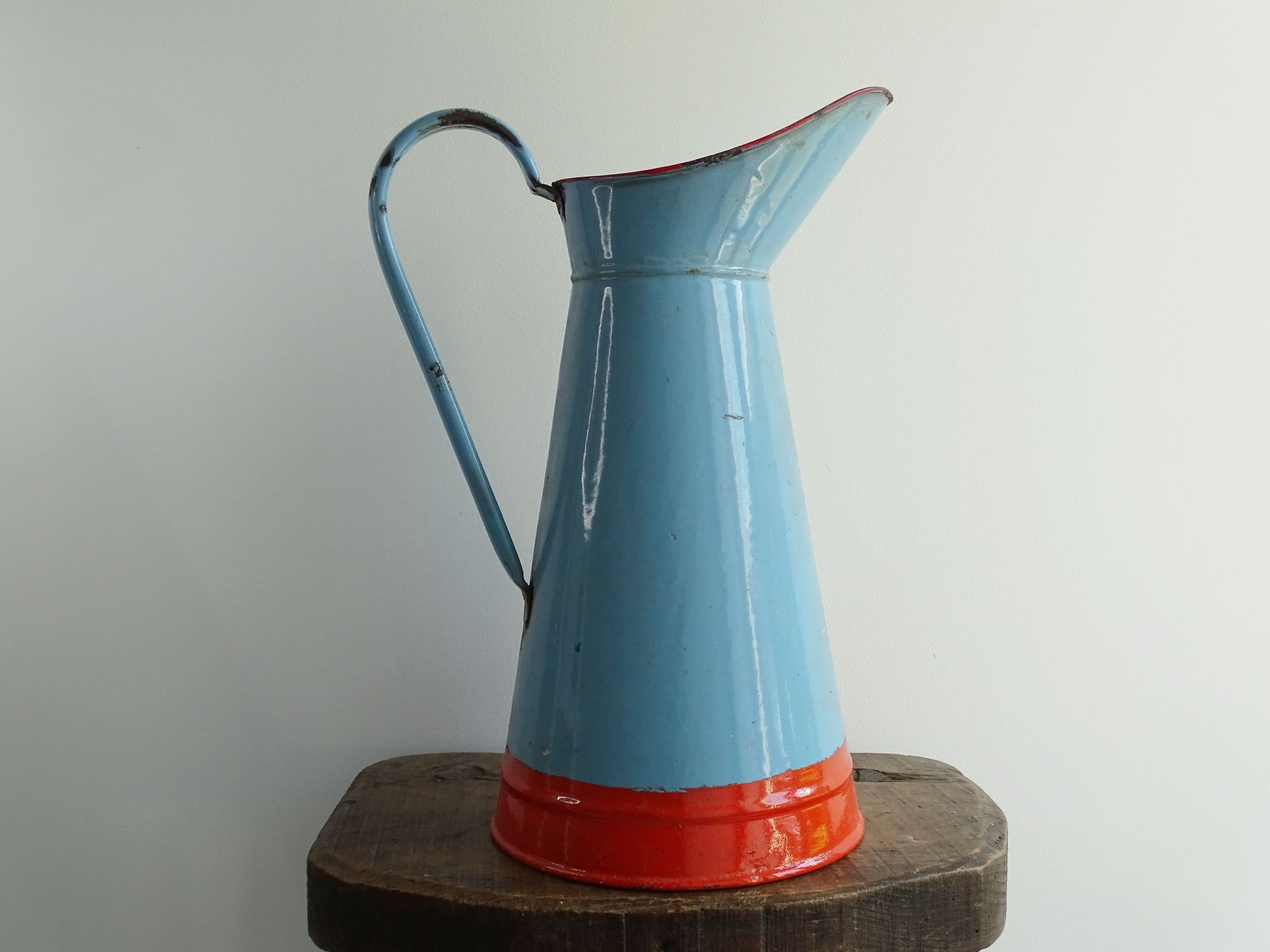 Vintage French Blue and Orange Enamel Pitcher or Jug