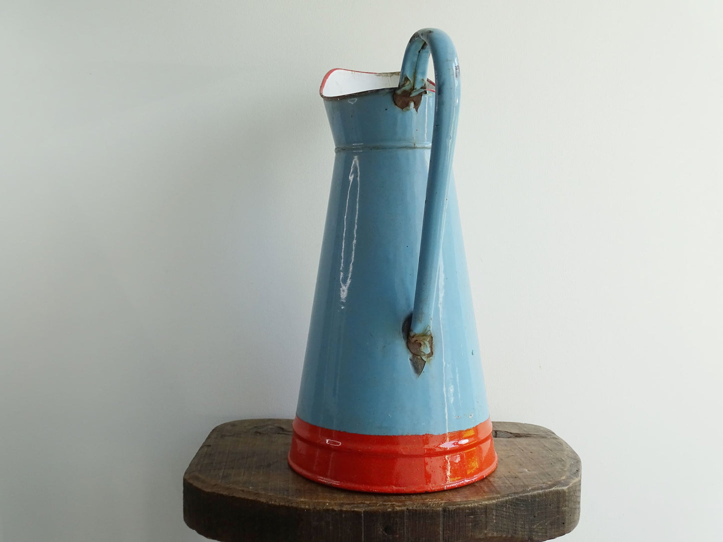 Vintage French Blue and Orange Enamel Pitcher or Jug