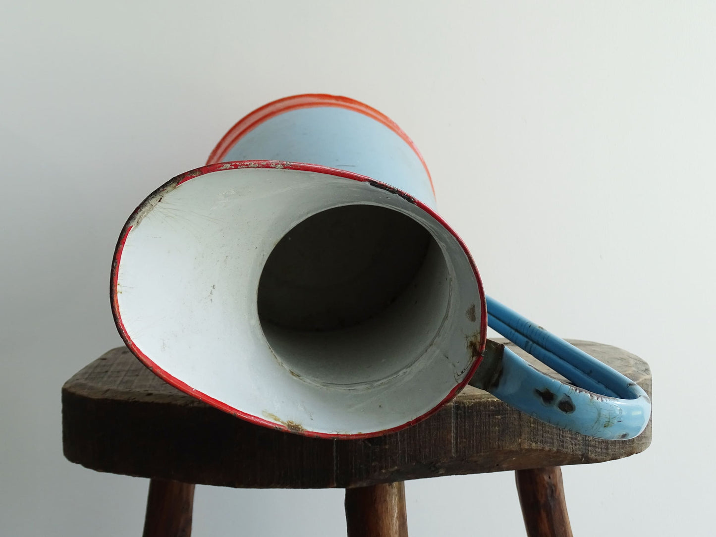 Vintage French Blue and Orange Enamel Pitcher or Jug