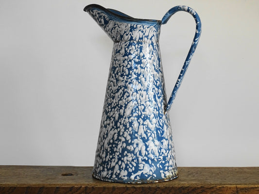 Large Vintage French Blue and White Enamel Pitcher