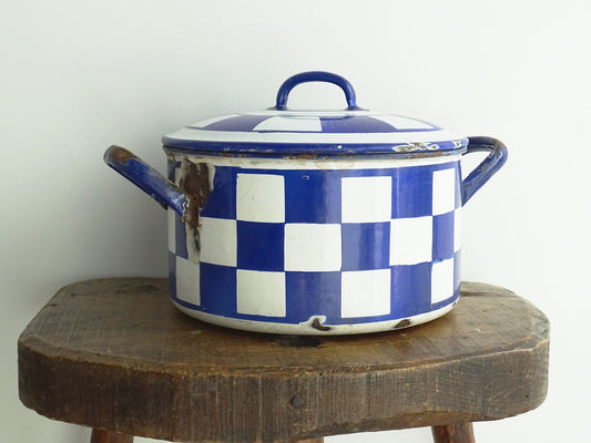 Vintage French Blue and White Enamel Casserole with Checks