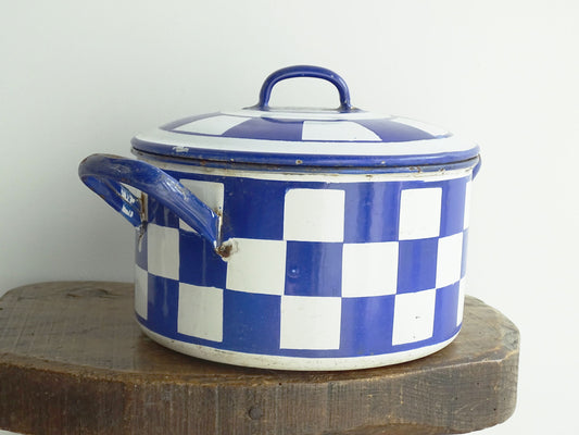 Vintage French Blue and White Enamel Casserole with Checks