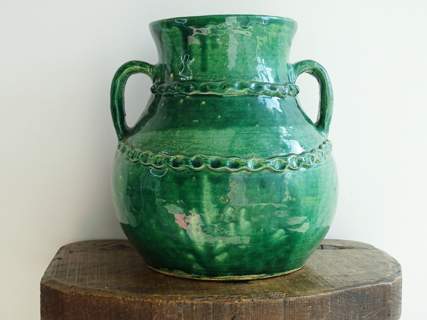 Large Vintage Beauronne Pottery Vase with Green Glaze