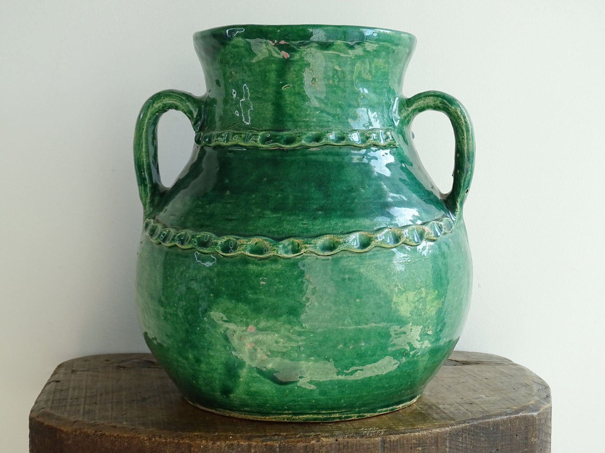 Large Vintage Beauronne Pottery Vase with Green Glaze