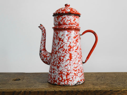 Vintage French Red and White Enamel Coffee Pot