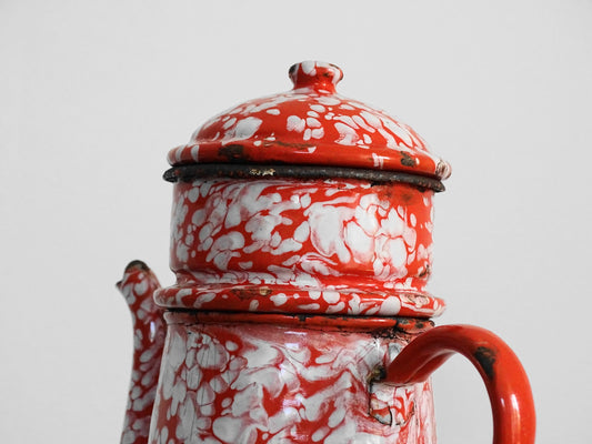 Vintage French Red and White Enamel Coffee Pot