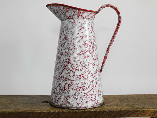 Large Vintage French Red and White Enamel Pitcher