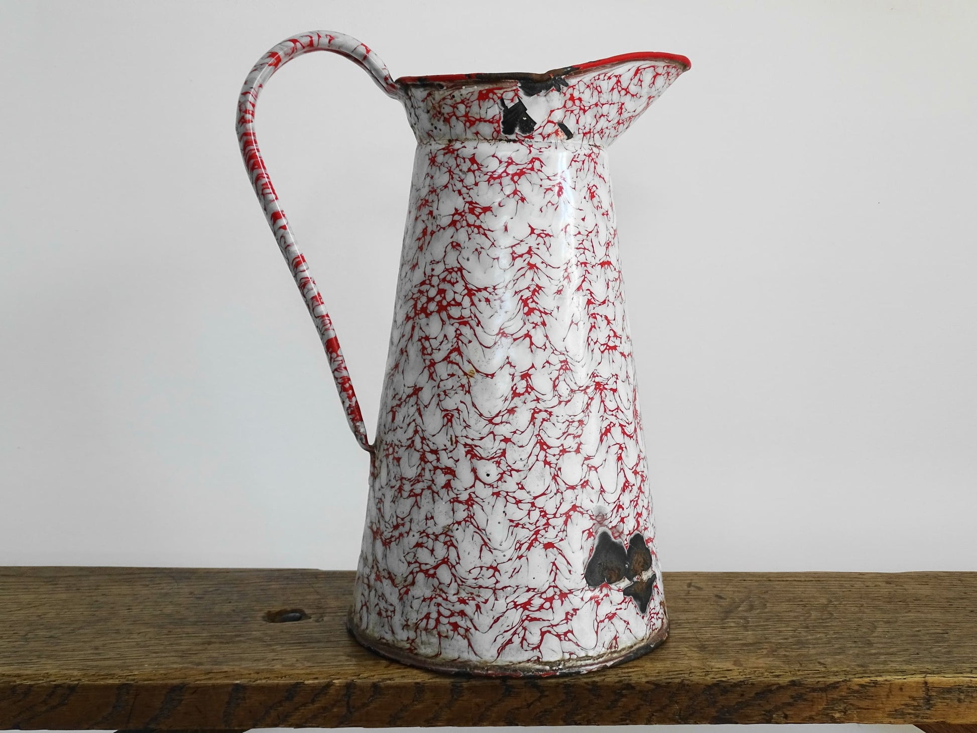 Large Vintage French Red and White Enamel Pitcher