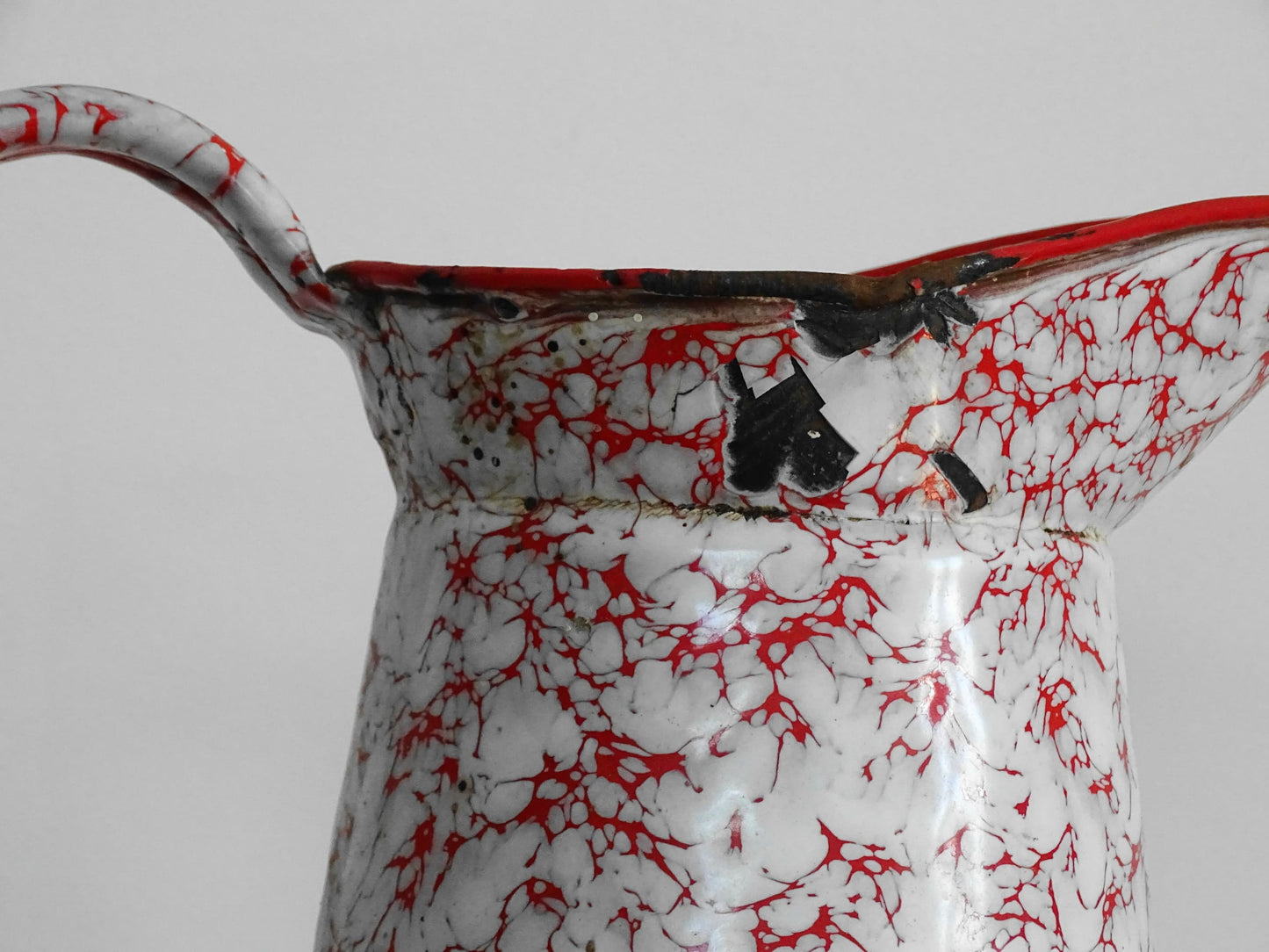 Large Vintage French Red and White Enamel Pitcher