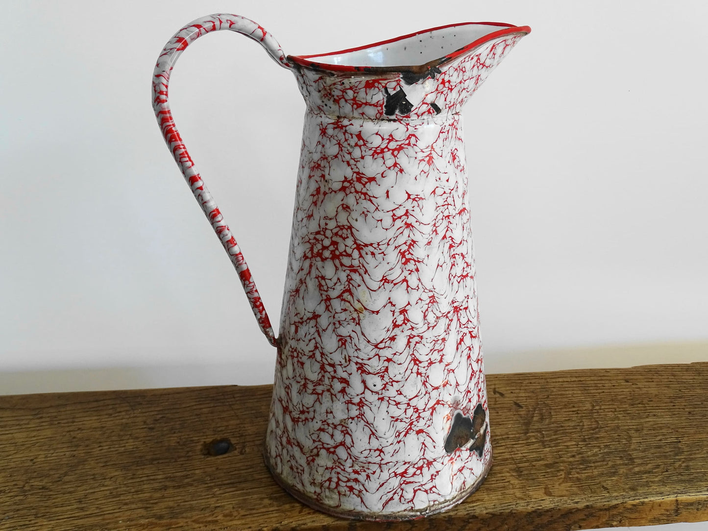 Large Vintage French Red and White Enamel Pitcher