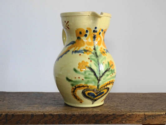 Vintage French Ceramic Hand-Painted Jug with Yellow Glaze and Flowers and Birds