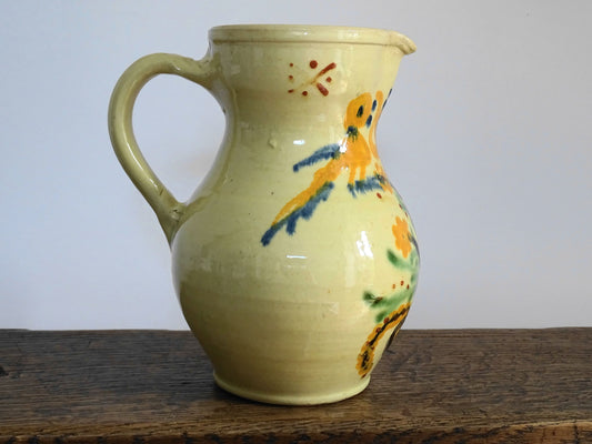 Vintage French Ceramic Hand-Painted Jug with Yellow Glaze and Flowers and Birds