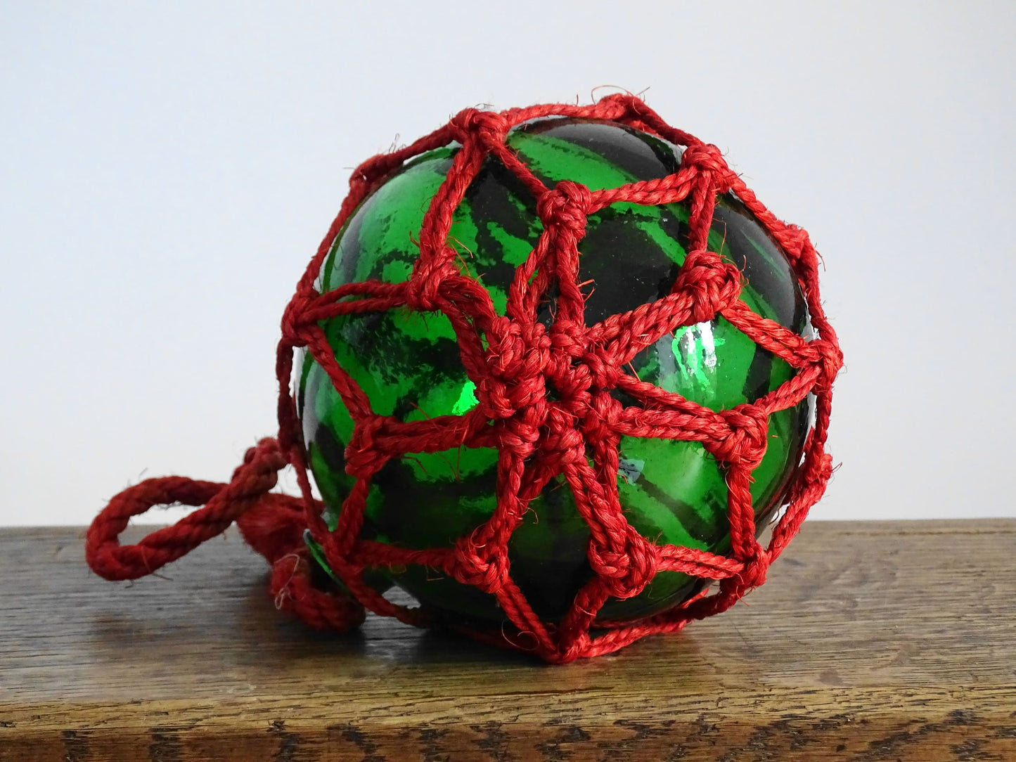 Vintage French Fishing Buoy in Green Glass in Red Rope, Fishing Float