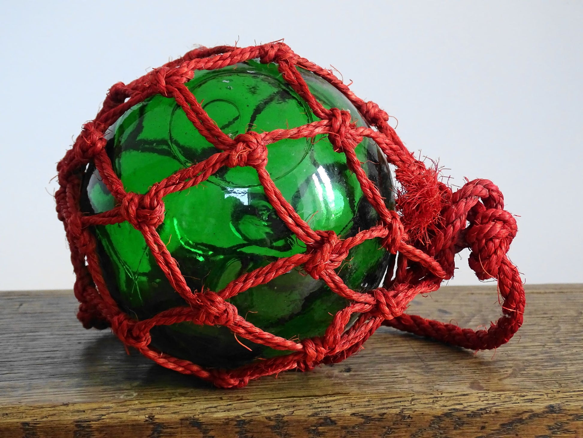 Vintage French Fishing Buoy in Green Glass in Red Rope, Fishing Float