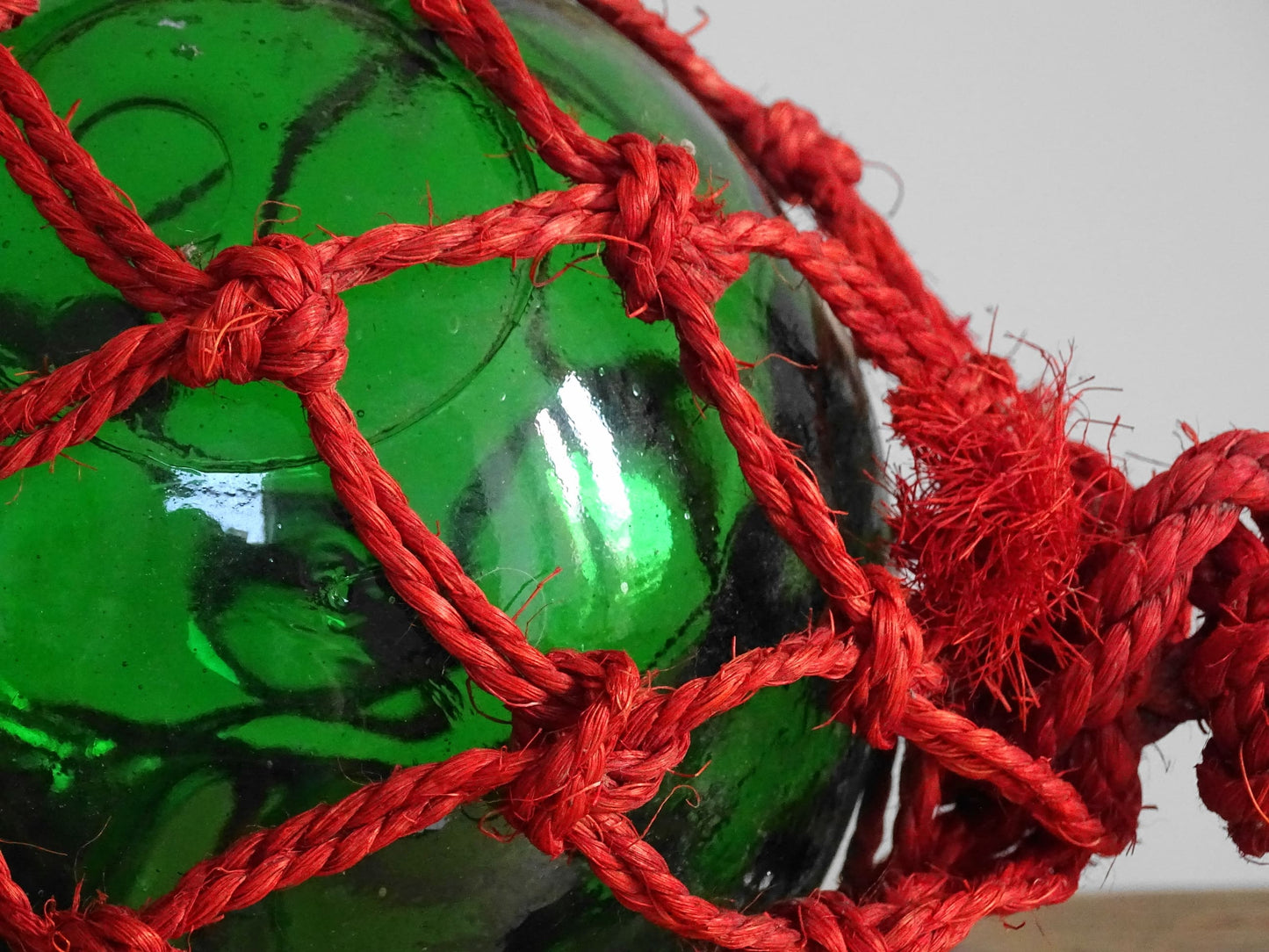 Vintage French Fishing Buoy in Green Glass in Red Rope, Fishing Float