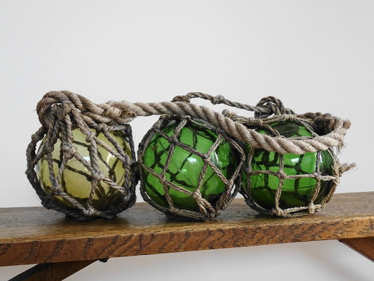 Trio of Vintage French Green Glass Fishing Floats in Natural Rope