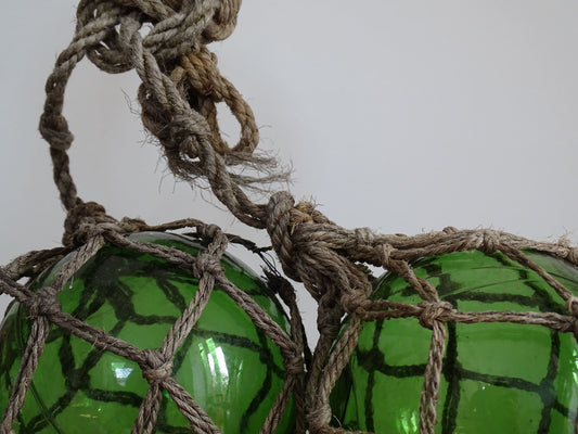 Trio of Vintage French Green Glass Fishing Floats in Natural Rope