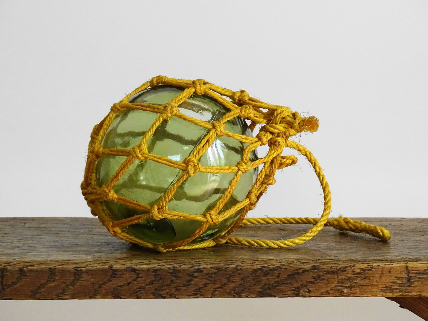 Vintage French Green Glass Buoy with Yellow Rope, Fishing Float