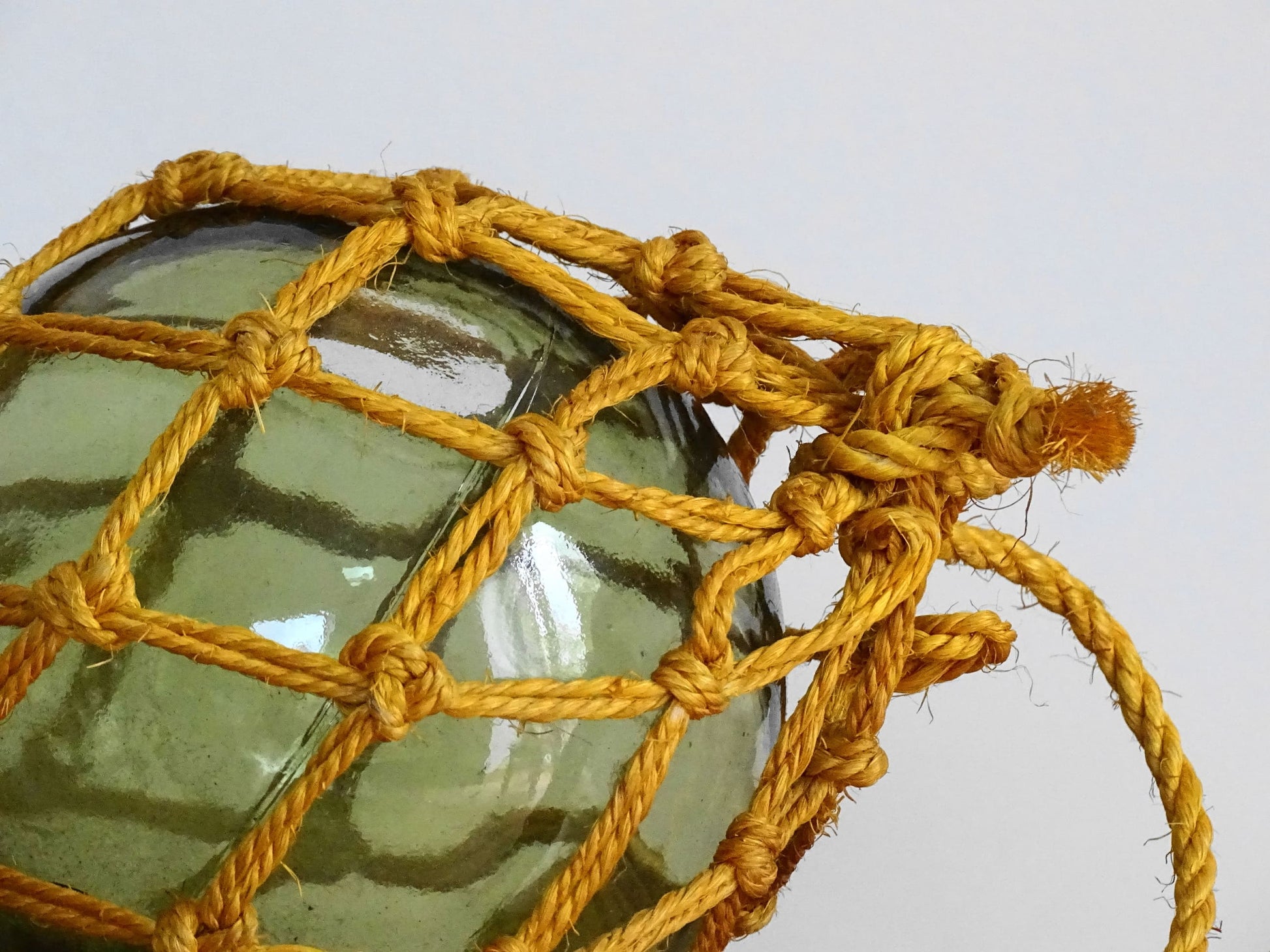 Vintage French Green Glass Buoy with Yellow Rope, Fishing Float