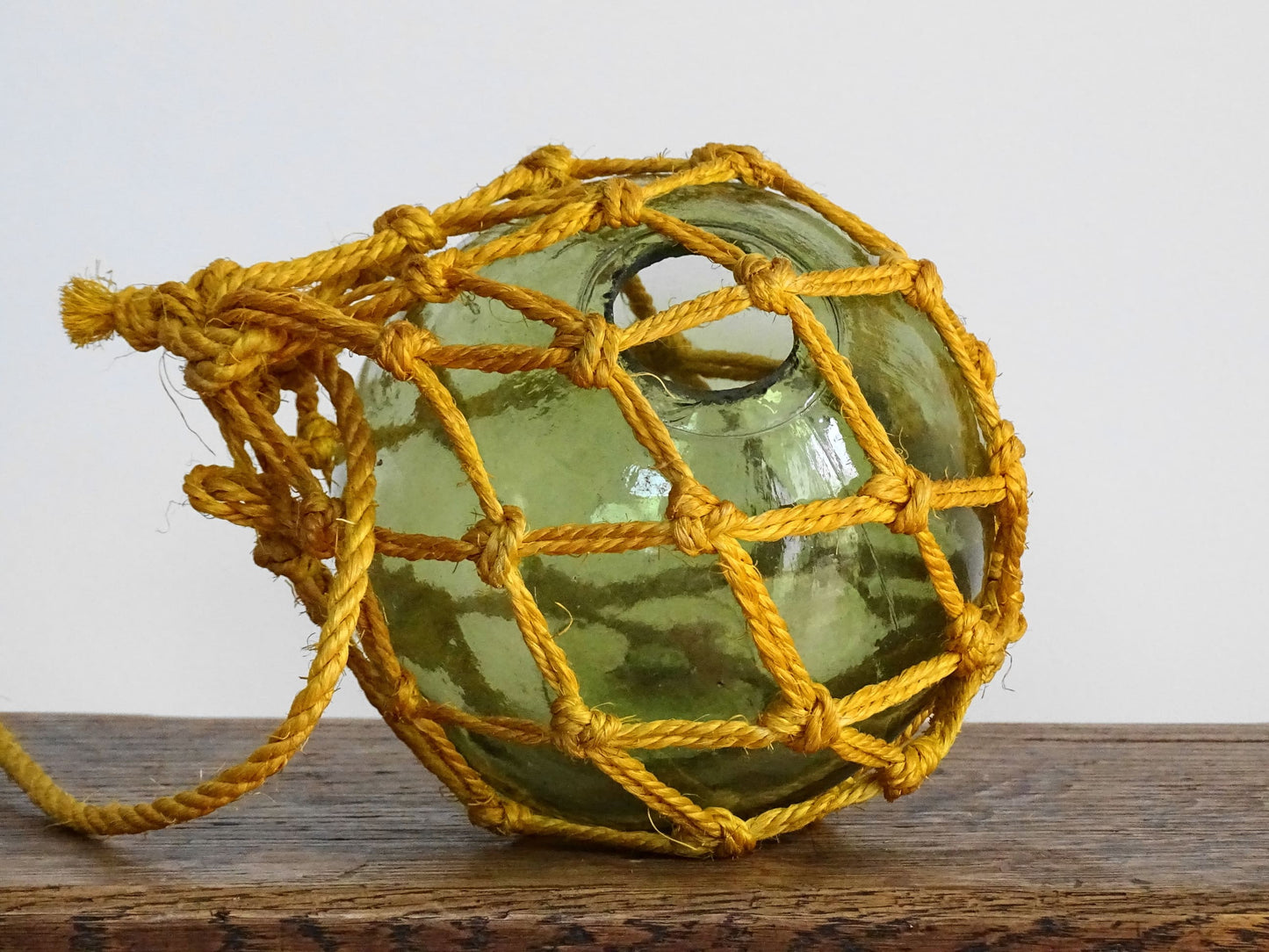 Vintage French Green Glass Buoy with Yellow Rope, Fishing Float