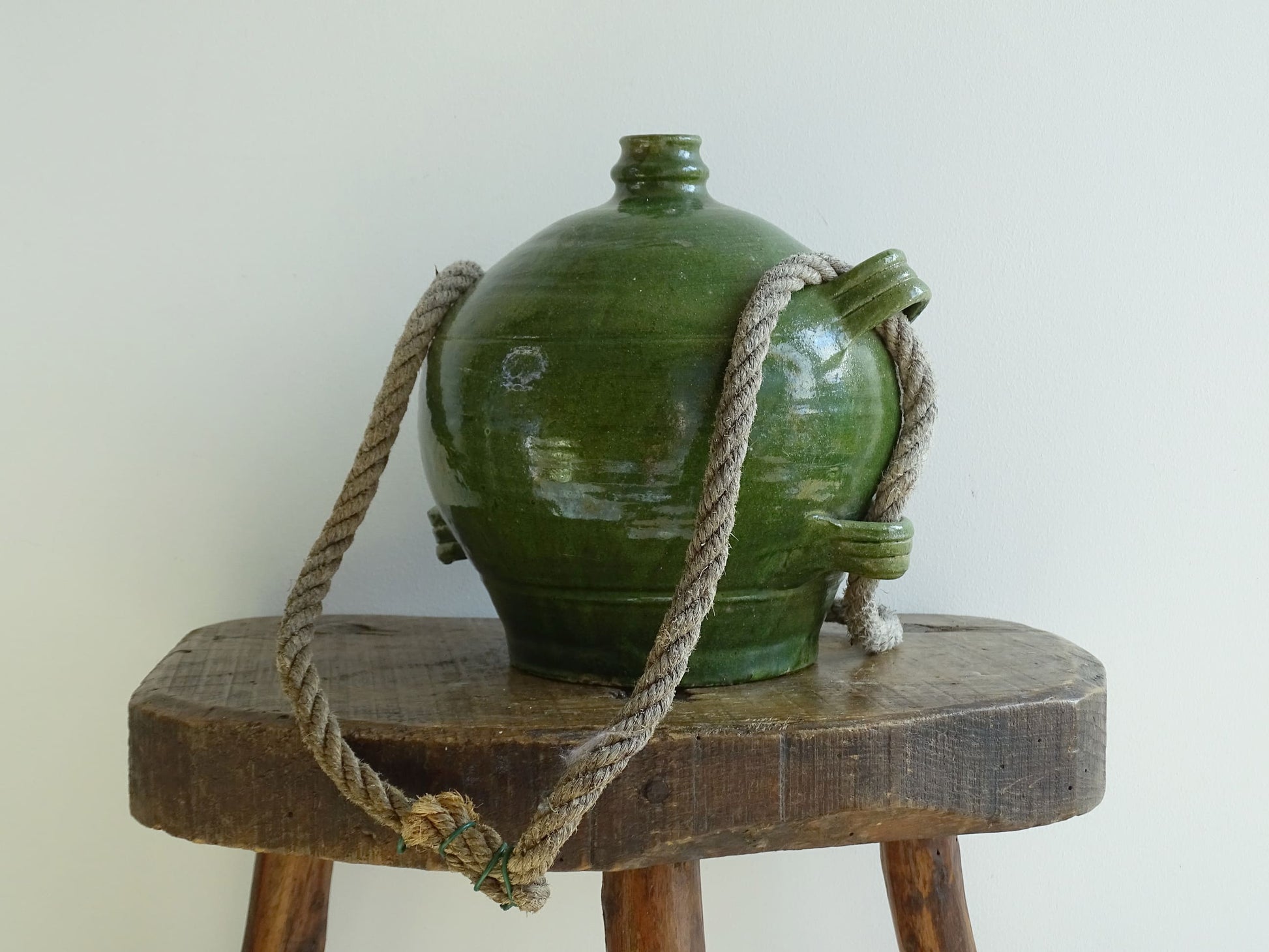 Vintage Green Glazed French Conscience Jug with Rope