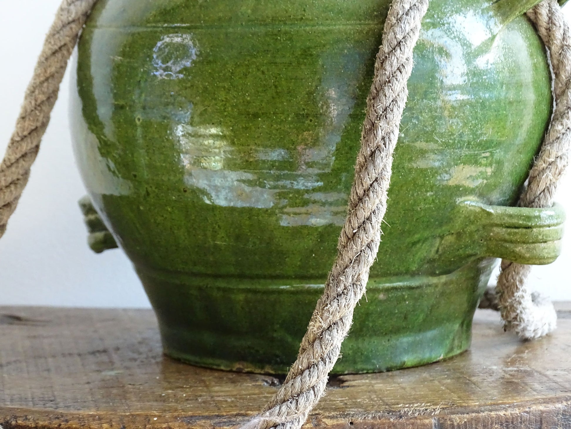 Vintage Green Glazed French Conscience Jug with Rope