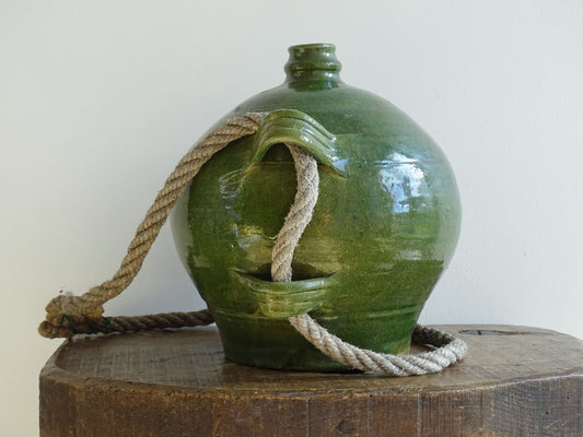 Vintage Green Glazed French Conscience Jug with Rope