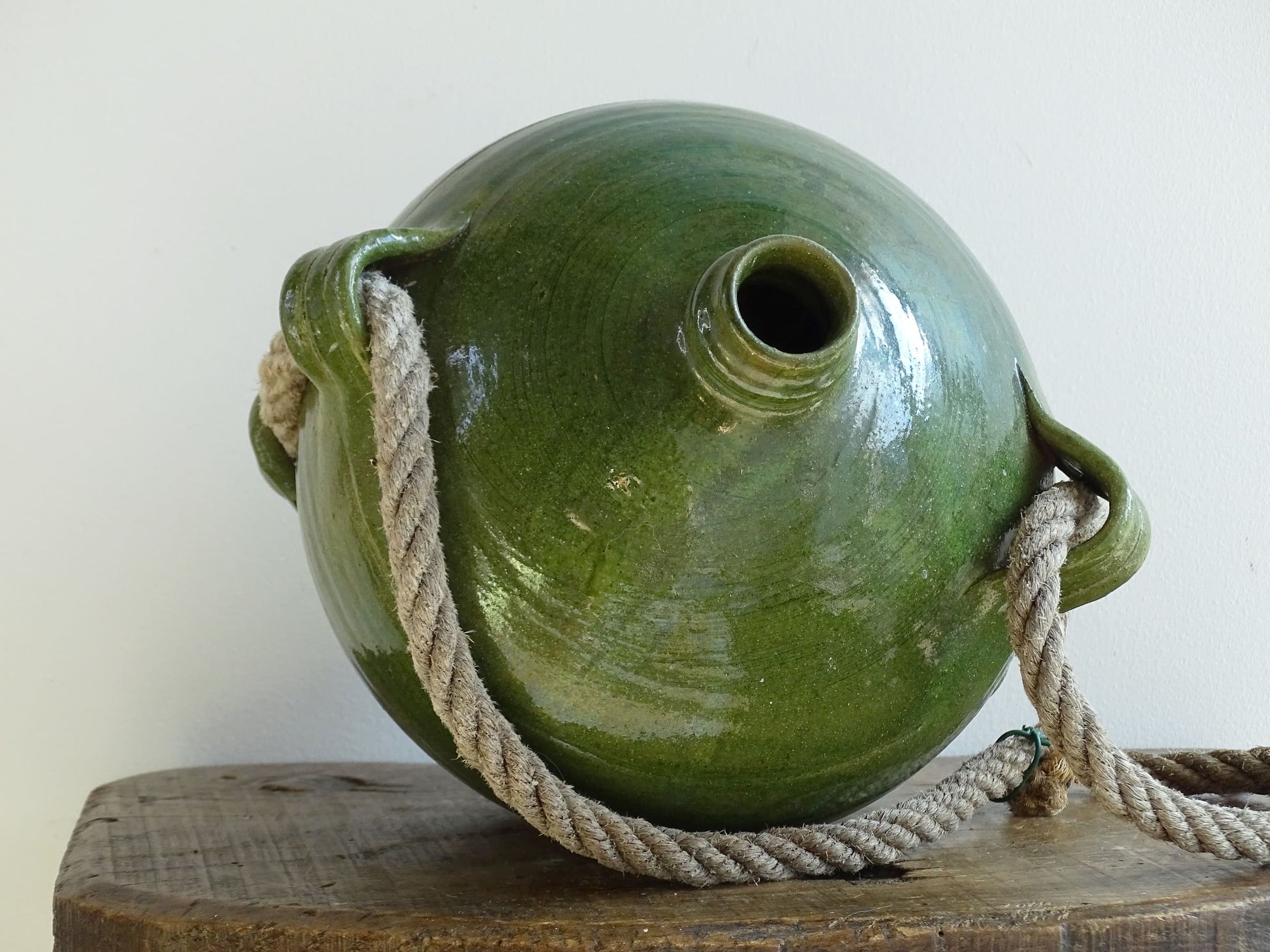 Vintage Green Glazed French Conscience Jug with Rope