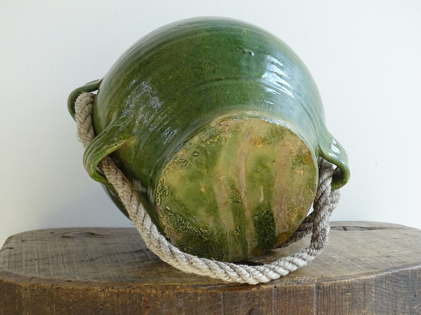 Vintage Green Glazed Pottery French Conscience Jug with Rope